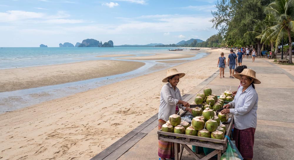 Nopparat Thara Beach — coconut vendors on the seafront walkway Nopparat Thara Beach — coconut vendors on the seafront walkway