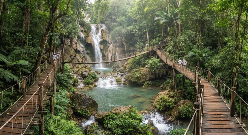 Sa Nang Manora Forest Park — wooden bridges over the cascades Sa Nang Manora Forest Park — wooden bridges over the cascades