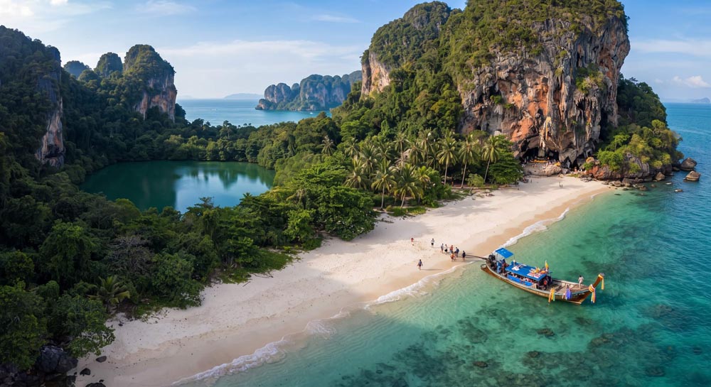 Railay's beach, cliffs, and hidden lagoon from above Railay's beach, cliffs, and hidden lagoon from above