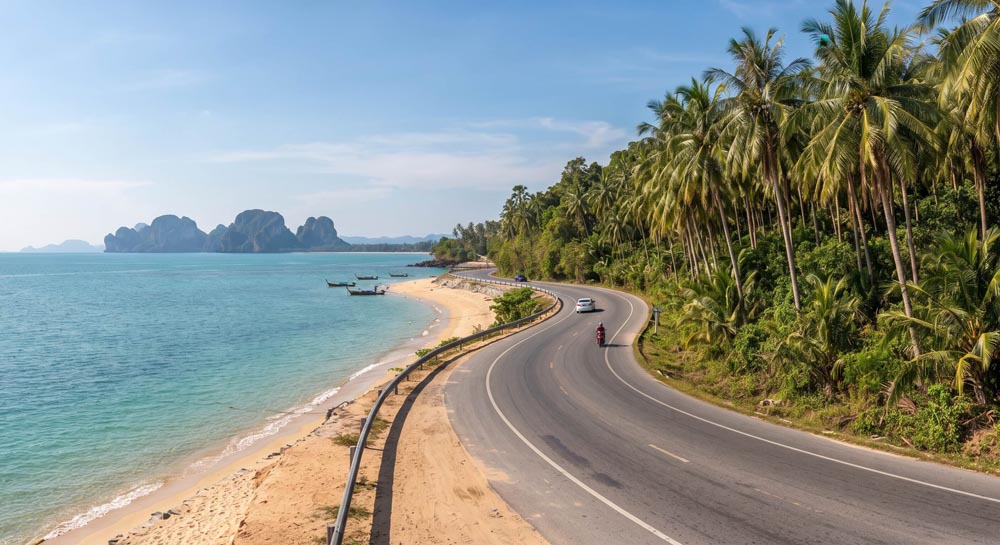 The scenic coastal road out to Klong Muang Beach The scenic coastal road out to Klong Muang Beach